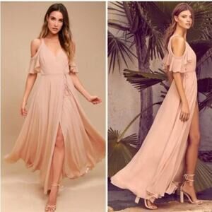 Lulus Maxi Formal Wrap Dress Size S Easy Listening Blush Cold-Shoulder Wedding